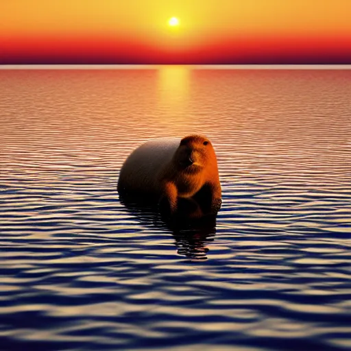 Prompt: capybara floating on an orange fruit in the middle of the ocean looking at the sunset, high detailed, ultra realistic, octane render, shot on a high quality camera