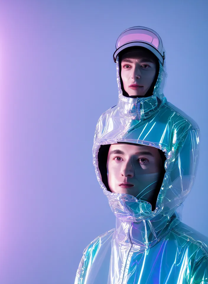 Image similar to an ultra high definition professional studio quality photograph of an artificially intelligent android influencer with silver skin wearing a transparent iridescent pastel coloured visor and matching wavey raincoat on white hook in a sheer icelandic black rock environment. three point light. dramatic lighting. volumetric shadows. light rays