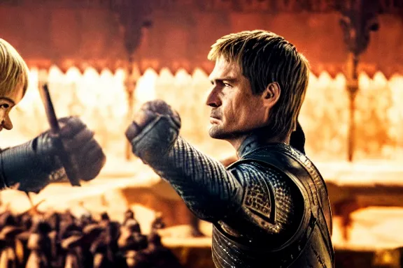 Image similar to very very intricate photorealistic photo of jaime lannister fighting cersei, photo is in focus with detailed atmospheric lighting, award - winning details