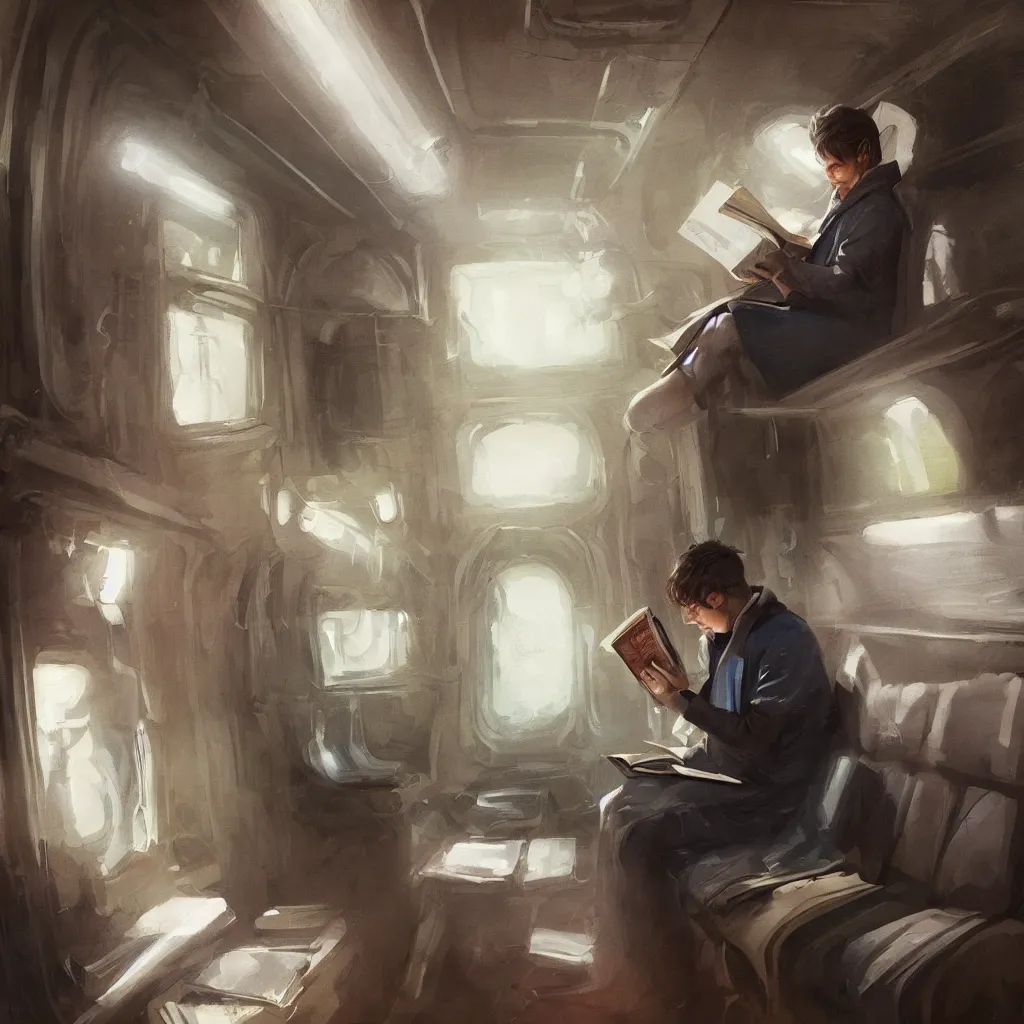 Prompt: a painting of a lone man reading a magical book while sitting in a subway car, by rutkowski and artgerm, highly detailed, trending on artstation, movie concept art, cinematic lighting