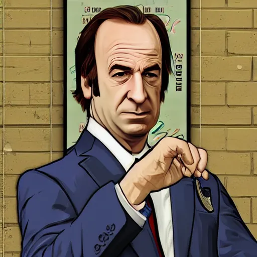 Image similar to saul goodman in the style of gta v cover art