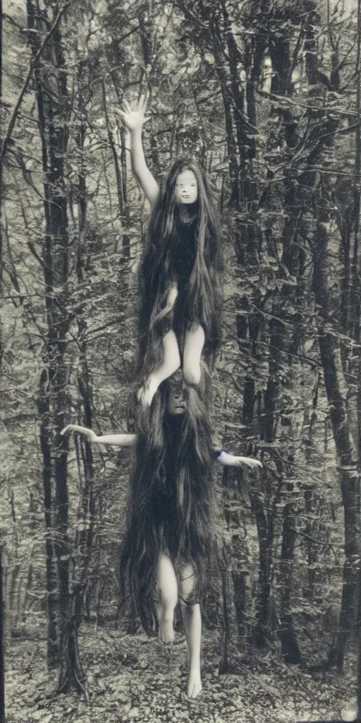 Image similar to old polaroid photo of a young witch girl floating in the air with her arms outstretched in a forest, long hair hanging down. dark and spooky, muted colours, flash photography, young face