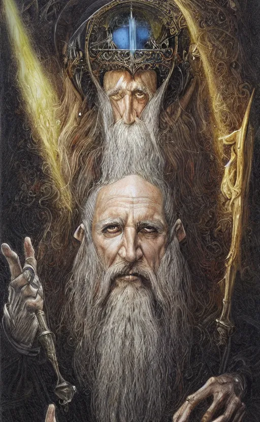 Image similar to the hierophant portrait by john howe, lord of the rings fantasy art, traditional painting, highly detailed