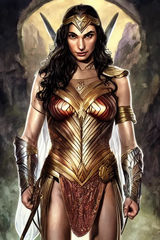 Image similar to Gal Gadot as the Queen of the Amazons, cute, fantasy, intricate, elegant, highly detailed, digital painting, 4k, HDR, concept art, smooth, sharp focus, illustration, art by artgerm and H R Giger and alphonse mucha