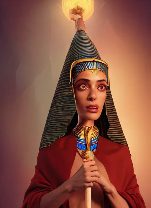 Image similar to an anthropomorphic beautiful female wizard of pharaoh holding magic wand portrait wearing robe, fine art, award winning, intricate, elegant, sharp focus, octane render, hyperrealistic, cinematic lighting, highly detailed, digital painting, 8 k concept art, art by jamie hewlett and z. w. gu, masterpiece, trending on artstation, 8 k