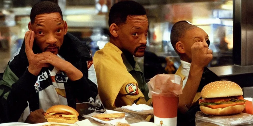 Prompt: e. t will smith sitting in a mc donald ’ s restaurant with an angry expression because he got the wrong hamburger.