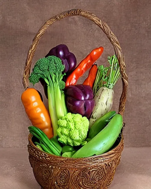 Prompt: wooden carving statue of a basket of vegetables, product picture, ebay listing thumbnail