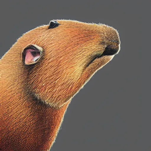 Image similar to abstract art of a well dressed capybara, profile view, wearing a suit laughing showing big teeth, in the style of tracie grimwood