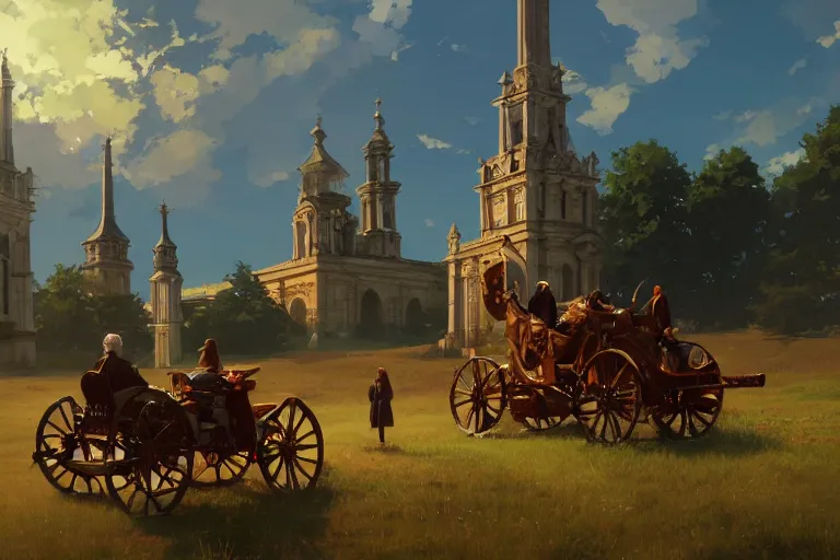 Prompt: a driving ornate baroque church on chainwheels, scene in an open field. key visual, conceptart, ambient lighting, highly detailed, digital painting, artstation, concept art, sharp focus, by makoto shinkai and akihiko yoshida and greg manchess