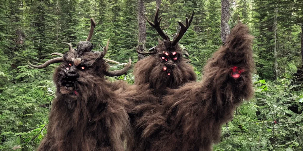 Prompt: trailcam image of krampus in an alpine forest