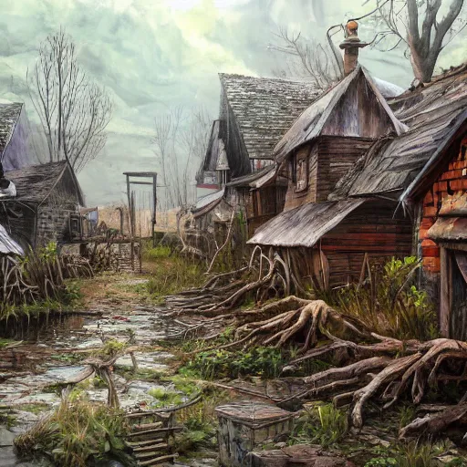 Image similar to A painterly Swampvillage with a wooden wall made of zombie limbs, , high detailed, semirealistic, oil painting, trending on Artstation. w 1024