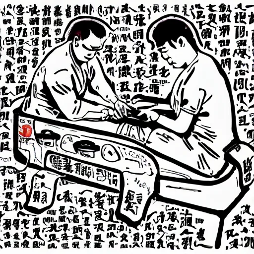 Image similar to chinese surgery operating table, in the style of daniel johnston and outsider art, 8k, line brush, overlaid with chinese adverts