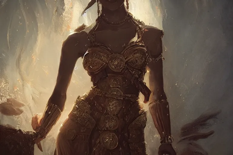 Image similar to Elegant dark skinned queen wearing a brocade dress| high fantasy | d&d | dragon age | jeff easley, greg rutkowski, pino daeni | volumetric lights | in throne room |