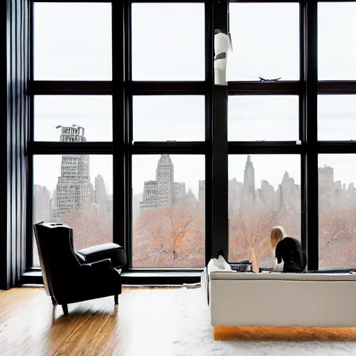 Image similar to modern loft overlooking central park in winter, snowing, fireplace roaring, woman sitting in modern leather chair looking out the window, warm lighting, blizzard outside, nyc