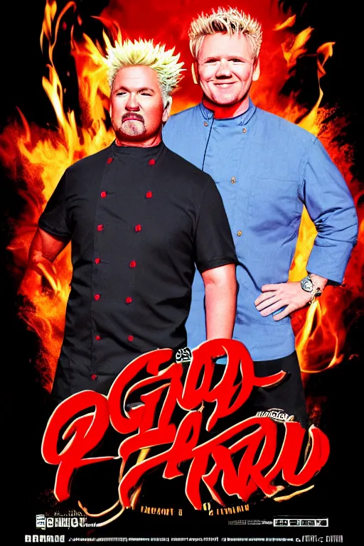 Image similar to guy fieri and gordon ramsay, drew struzan poster, cinematic, rim lighting, glow, haze, volumetric lighting