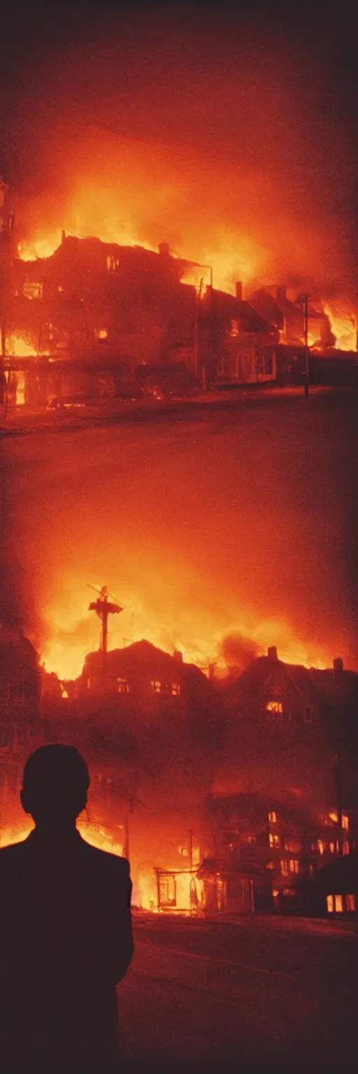 Image similar to detailed medium format photo, polaroid still from a scandinavian movie, sleazy man watching night streets while a single house burns in the background, haze, high production value, intricate details, 8 k resolution, hyperrealistic, hdr, photorealistic, high definition, tehnicolor, award - winning photography, masterpiece, amazing colors