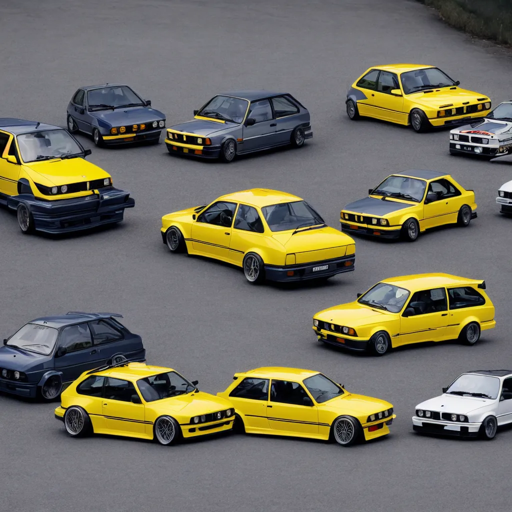 Prompt: bmw e30, golf gti mk2, ruf ctr yellowbird