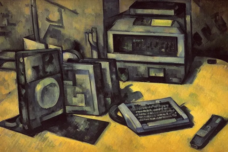 Image similar to still life painting of vintage computers by Paul Cézanne, oil on canvas, strong lighting, highly detailed, hyper realism, HD, 4K