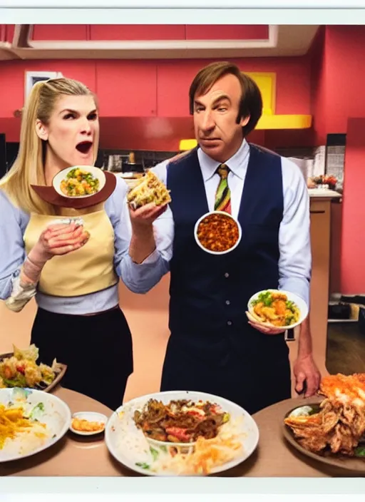 Prompt: polaroid of saul goodman and kim wexler scarfing down food, mukbang, dripping juices, gorging, disgusting