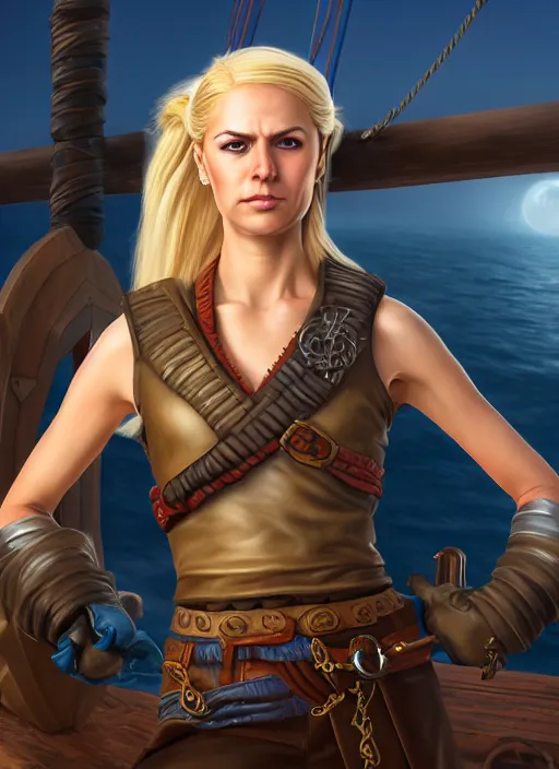 Image similar to An epic fantasy comic book style portrait painting of tall blonde haired female sky-pirate with a serious face and a pony tail in front of a metal gangplank in the style of the wheel of time, unreal 5, DAZ, hyperrealistic, octane render, cosplay, RPG portrait, dynamic lighting