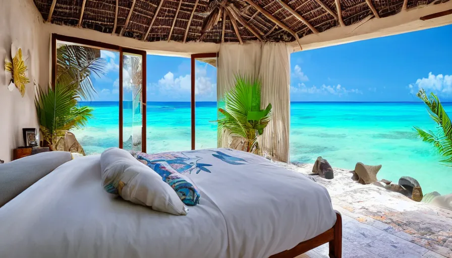 Prompt: A vintage magazine architecture photo of a bedroom in san pedro belize, Mediterranean architecture, refracted lines and sparkles, beach and tropical vegetation on the background, hyperrealistic 8k uhd, award-winning,