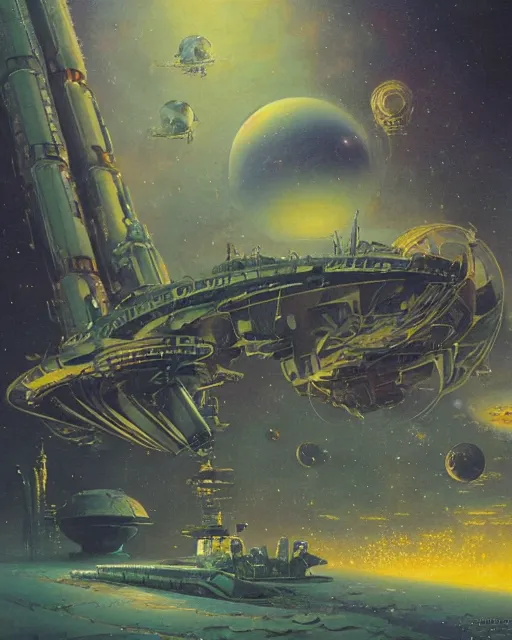 Prompt: a sci - fi weyland industries space art paintings of the shipwrecked crew exploration inspired by great japanese artist kenji kawai, prometheus detailed matte painting by bruce pennington, by paul lehr, by john harris, cgsociety, retrofuturism, 7 0 s sci - fi, biopunk, sci - fi