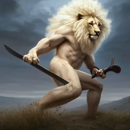 Prompt: commission of a male anthropomorphic albino lion holding a sword,digital art,art by greg rutkowski,trevor henderson,ross tran,photorealistic,hyperdetailes,highly realistic,natural lighting,deviantart,artstation,dramatic,cinematic,4k,western comic style,sharp lineart,hard shadows