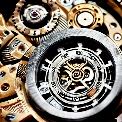 Prompt: symbol of the cult of the machine, ornate machinery, inside of a watch