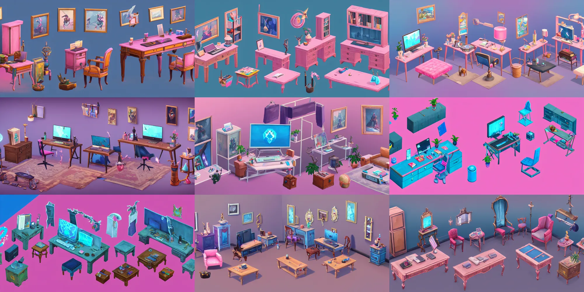 Prompt: game asset of the sims desk decor and furniture, living rooms, in gouache detailed paintings, props, stylized, 2 d sprites, kitbash, arcane, overwatch, blue and pink color scheme, 8 k, close up