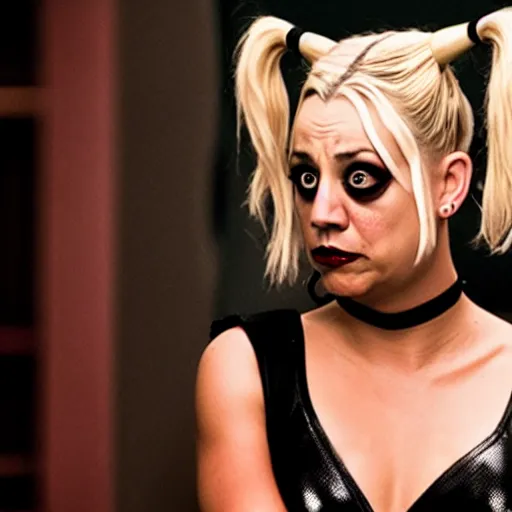 Image similar to A still of Kaley Cuoco as Harley Quinn