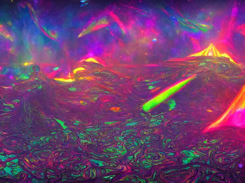 Prompt: a hyperdetailed 3D Painting of prismatic psychedelic hallucinogenic lsd DMT visions, twinkling lights vfx, depicted as an aurora colorful lights of heaven ascension in the known cosmic universe across the galaxies, by Beeple and Cameron Gray and Dan Mumford and Moebius, trending on ArtStation, 8K, volumetric lighting