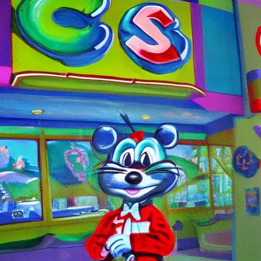 Prompt: painting of chuck e cheese by monet