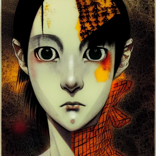 Prompt: yoshitaka amano blurred and dreamy realistic three quarter angle horror portrait of a sinister young woman with short hair, horns and yellow eyes wearing office suit with tie, junji ito abstract patterns in the background, satoshi kon anime, noisy film grain effect, highly detailed, renaissance oil painting, weird portrait angle, blurred lost edges