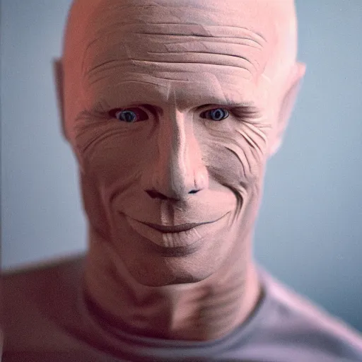 Prompt: Paper maché portrait of Ed Harris, studio lighting, F 1.4 Kodak Portra