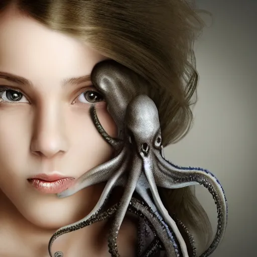 Image similar to A girl with a gray octopus for hair, very young and beautiful face, silver eyes, HD, hyper realistic