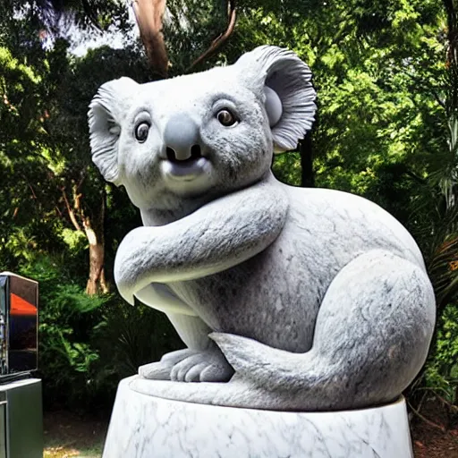 Image similar to a marble statue of a koala dj in front of a marble statue of a turntable. the koala has wearing large marble headphones.