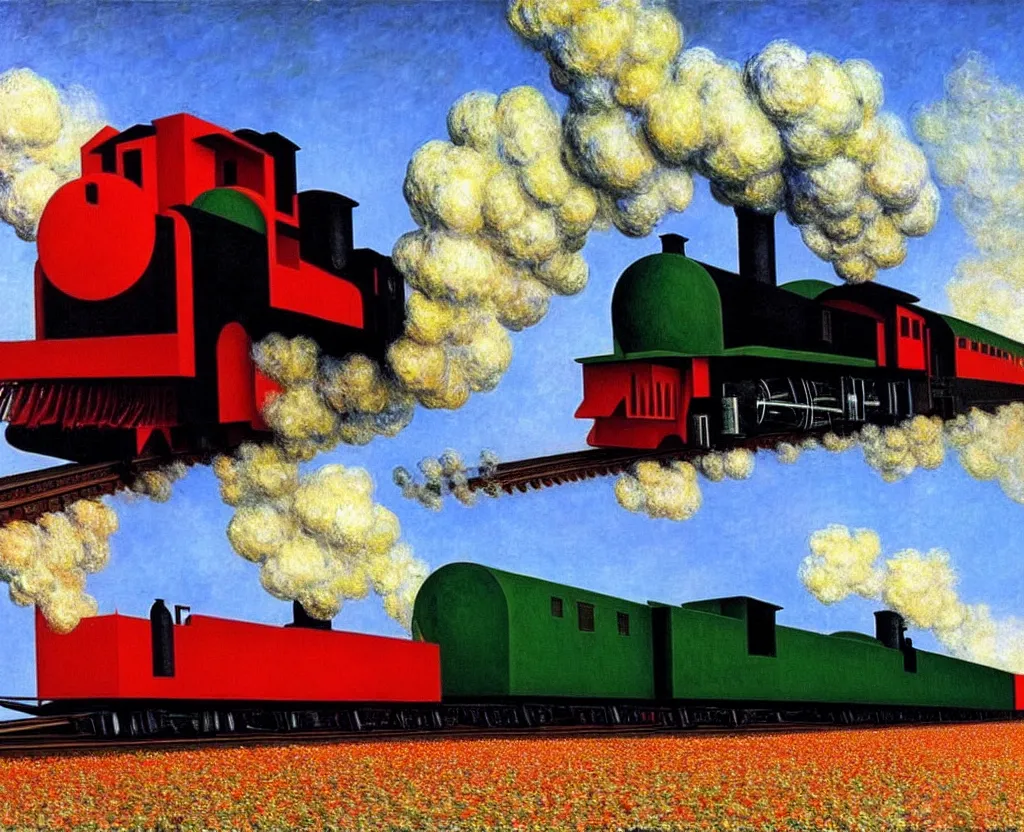 Prompt: achingly beautiful painting of santa fe locomotive by rene magritte, monet, and turner.