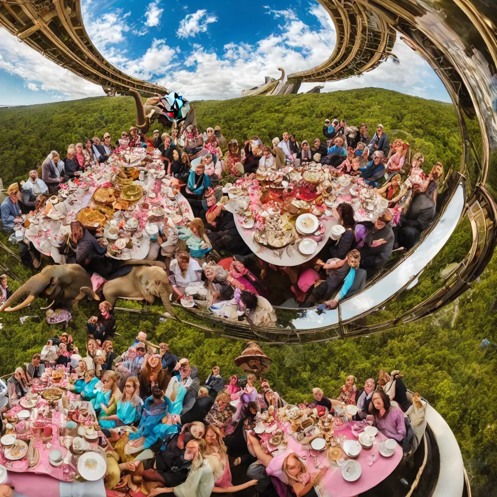 Image similar to elephant tea party, high tea, on a bridge, fulldome, 1 8 0 degree fisheye, 4 k,