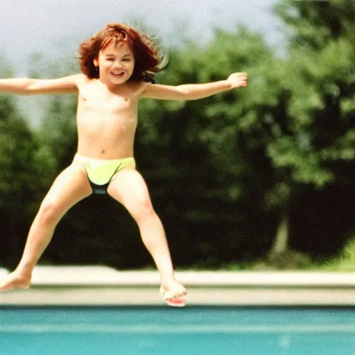 Prompt: Film still of a girl with short hair jumping on the pool, movie from 1996