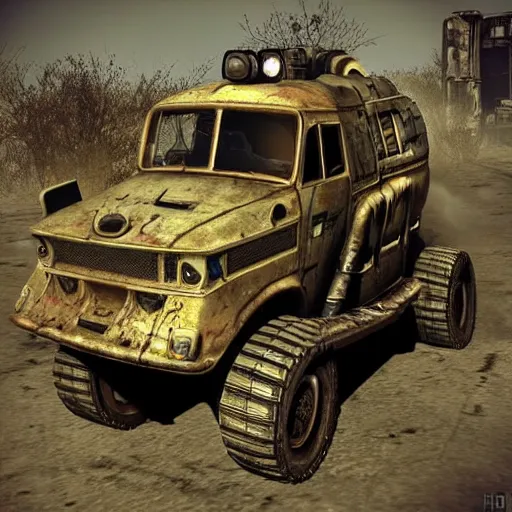 Image similar to a post-apocalyptic APC in the style of fallout in the style of mad-max in the style of metro:2033 trending on artstation deviantart Pinterest Photorealistic HD 8k highlights and shadow detailed High Resolution