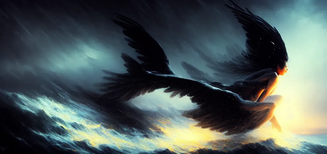 Image similar to 8 k art photography, filmic lighting, cinematic art shot, hyperrealistic, hyperdetailed, super detailed, uhd, uhd, 8 k, high resolution, a fallen angel in black fluid simulation, painting by ross tran and ivan aivazovsky, black water