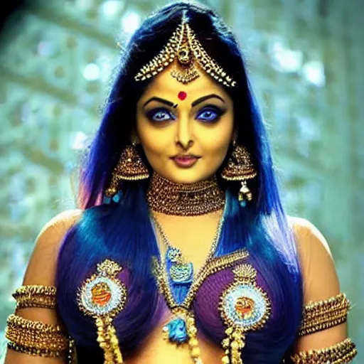 Image similar to extremely beautiful aishwarya rai as a blue - skinned indian goddess with six arms, symmetric, aesthetic!!!, cosplay, studio lighting, beautiful symmetric face, clean composition, highly symmetric body parts, gazing eyes, blue skin, blue body paint