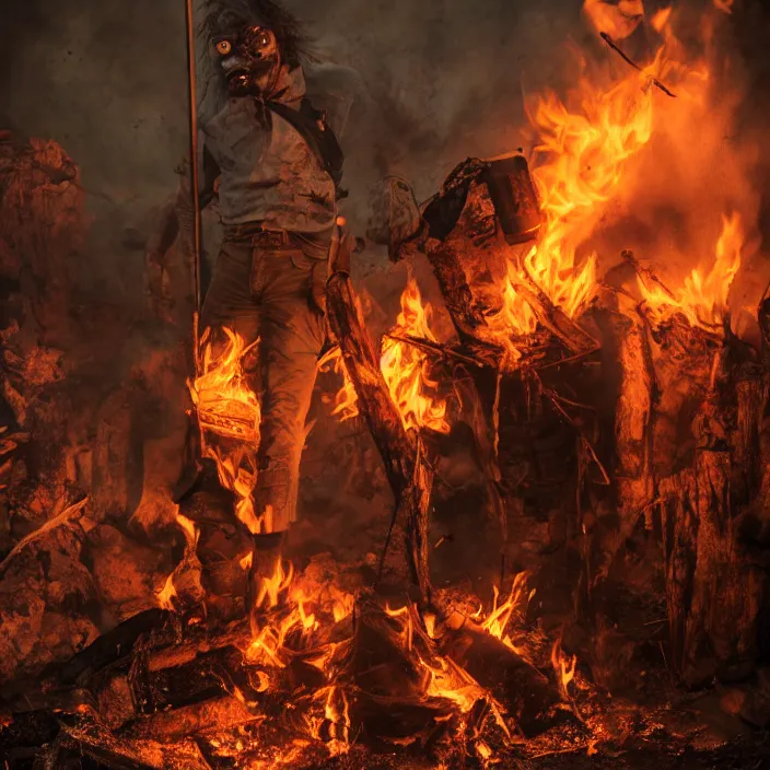 Image similar to gritty apocalyptic man smirking while dumping gas on a camp - fire, octane render, 4 k ultra hd, hyper - detailed, realistic, seedy lighting, sharp focus, fantasy dark art