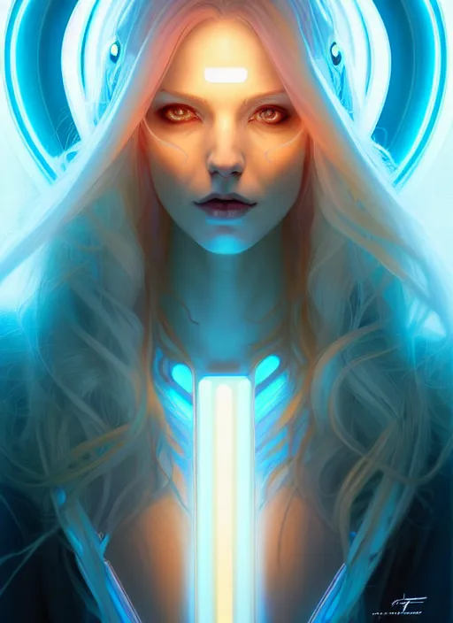 Image similar to symmetry!! portrait of woman with long flaming blue hair, sci - fi, tech wear, glowing lights!! intricate, elegant, highly detailed, digital painting, artstation, concept art, smooth, sharp focus, illustration, art by artgerm and greg rutkowski and alphonse mucha, 8 k