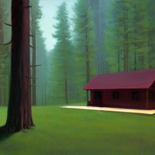 Image similar to an Eerie cabin in the middle of the woods in the style of Edward Hopper