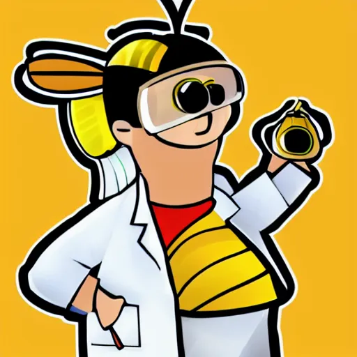 Image similar to a bee who is a scientist in a lab coat, colored pencils, low poly render, vector art, flat colors, by eric carle, icon, dark background