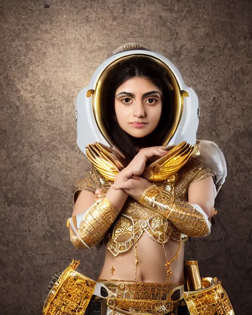 Image similar to centered medium shot fine studio photograph of a beautiful persian girl wearing a persian solarpunk electronic helmet with led lights decorated with golden ornaments, chest with mechanical parts, ultra-realistic, white background, 8k HDR dusk light, intricate detail