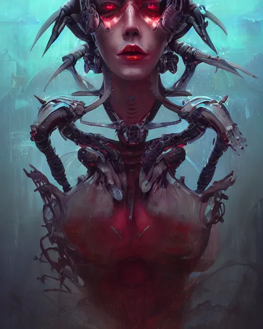 Image similar to portrait of a nightmarish cybernetic Queen of hell, cyberpunk concept art by Peter Mohrbacher and seb mckinnon and Beksiński and FrancisBacon, digital art, highly detailed, intricate, sci-fi, sharp focus, Trending on Artstation HQ, deviantart, unreal engine 5, 4K UHD image