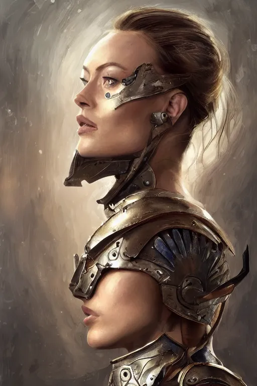 Image similar to a professionally painted portrait of Olivia Wilde, clothed in ancient battle armor, olive skin, long dark hair, beautiful bone structure, symmetrical facial features, scar across face, intricate, elegant, digital painting, trending on Artstation, concept art, smooth, sharp focus, illustration, from Metal Gear by Ruan Jia and Mandy Jurgens and Artgerm and and william-adolphe bouguerea, award winning