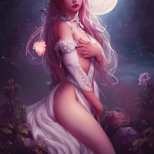 Prompt: beautiful fae princess in the moonlight, art by wlop and artgerm. extremely detailed, stunning 8 k resolution, trending on artstation